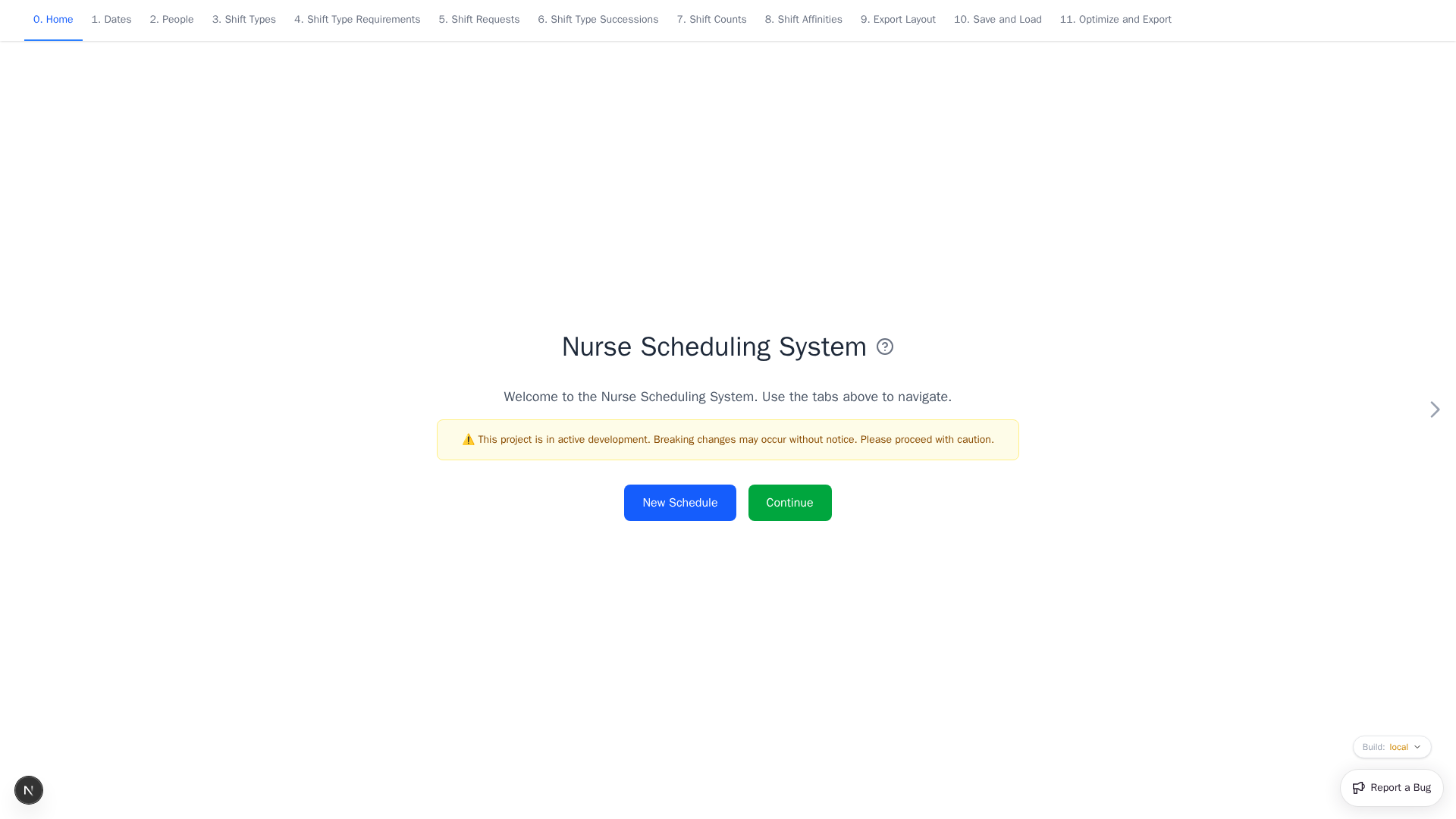 Home page with New Schedule and Continue actions
