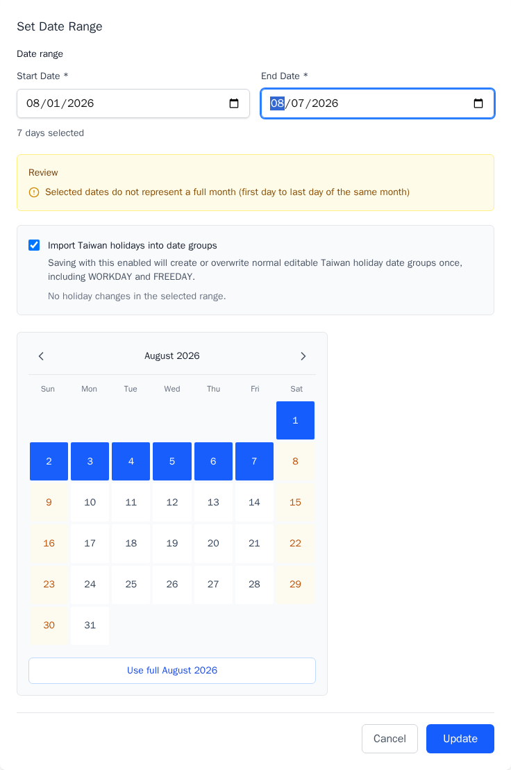 A seven-day range selected in Date Management