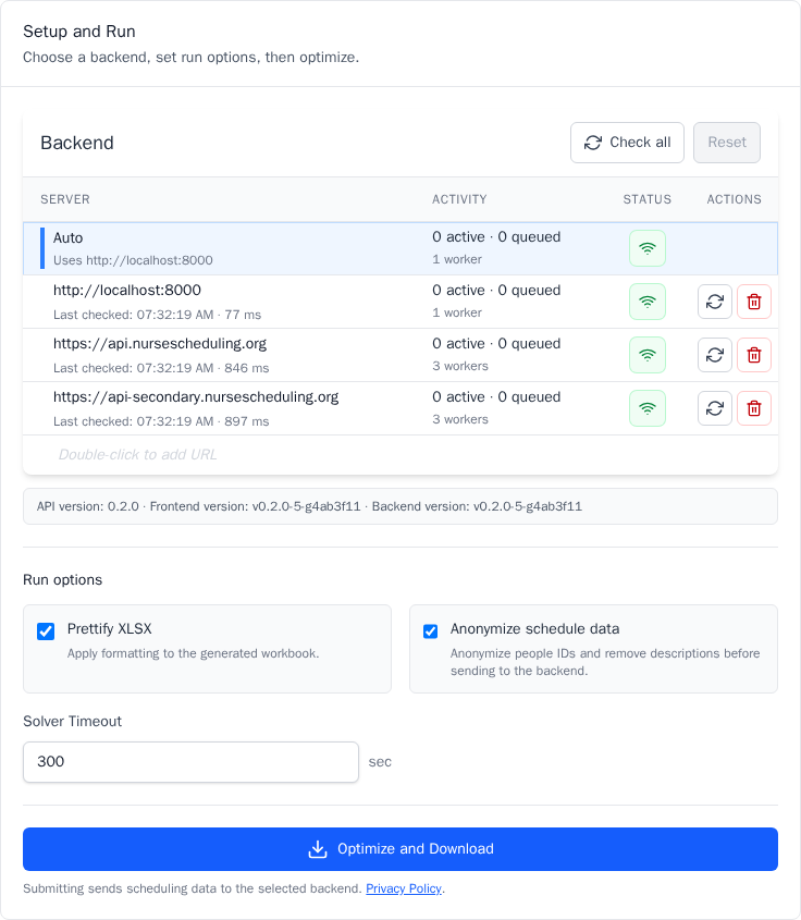 Online server and run options before optimization