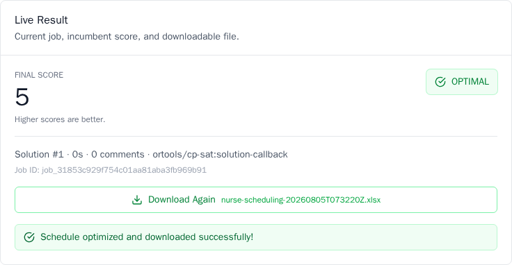 Successful optimization with a downloadable result