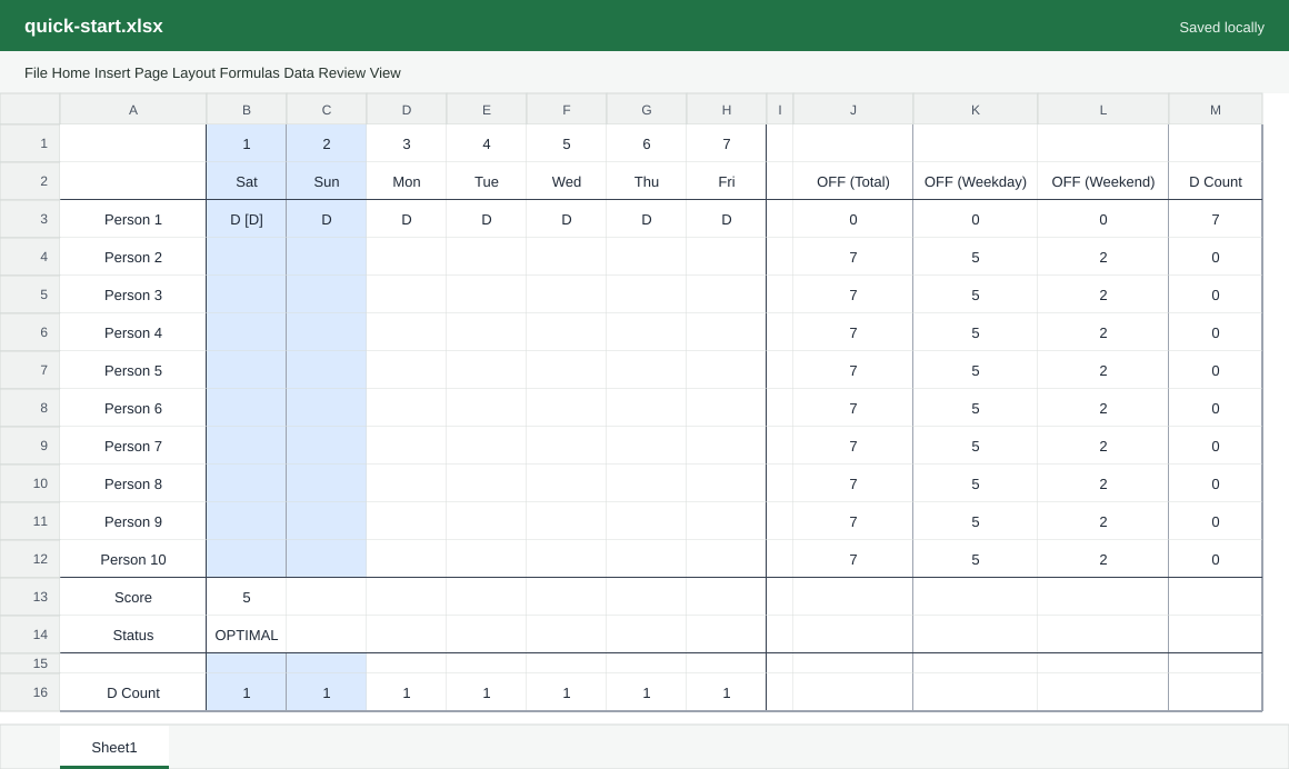 Optimized XLSX with the schedule, counts, score, and status