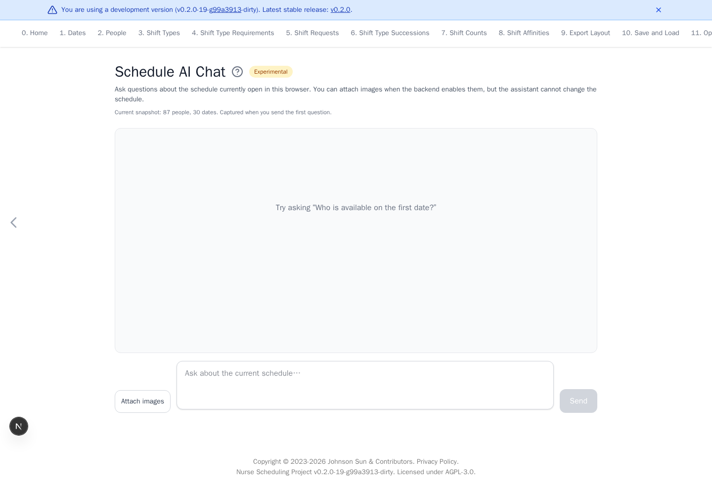 Experimental AI chat with the 87-person schedule loaded